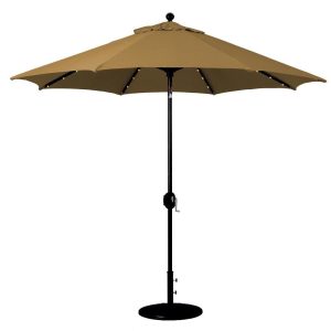 Galtech 9 Ft. Lighted LED Octagonal Aluminum Patio Market Umbrella W/ Crank Lift And Auto Tilt - Black Frame W/ Sunbrella Canvas Teak Canopy