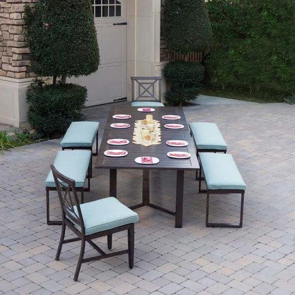 Atlantis 7 Pc Aluminum Dining Set w/ 2 Dining Side Chairs, 4 Two Person Benches & Extension Table in Walnut/Spa by Darlee