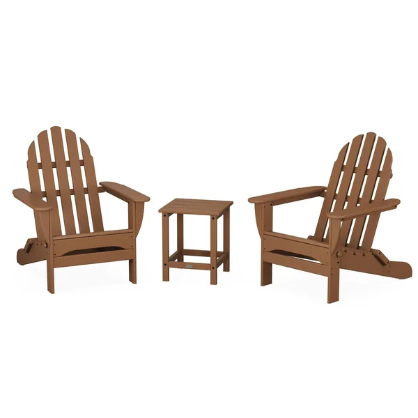 Classic Adirondack 3 Pc Recycled Plastic Seating Set w/ Long Island End Table in Teak by POLYWOOD