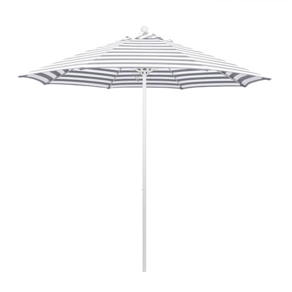 California Umbrella Venture Series 9 Ft Octagonal Aluminum Patio Umbrella W/ Push Lift & Fiberglass Ribs - Matted White Frame / Olefin Gray White Cabana Stripe Canopy