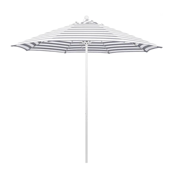 California Umbrella Venture Series 9 Ft Octagonal Aluminum Patio Umbrella W/ Push Lift & Fiberglass Ribs - Matted White Frame / Olefin Gray White Cabana Stripe Canopy