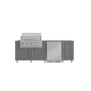 WeatherStrong Bimini 7 1/2 Ft Outdoor Kitchen Island w/ Blaze Natural Gas Grill & Refrigerator in Dark Ash/Glacier Frost