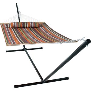 Ultimate Patio Quilted Double Hammock w/ 15-Foot Steel Beam Stand & Pillow - Canyon Sunset