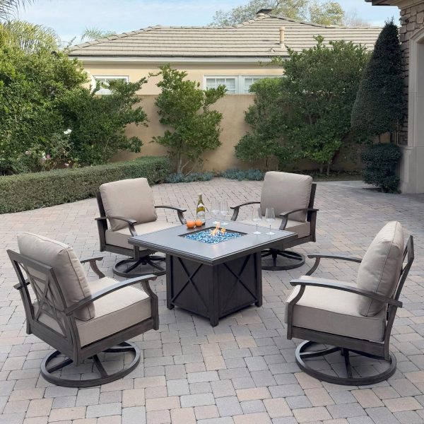 Atlantis 5 Pc Aluminum Fire Pit Seating Set w/ 4 Swivel Rocker Club Chairs in Walnut/Beige by Darlee