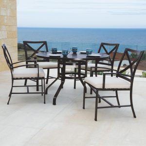 La Jolla 5 Piece Aluminum Patio Dining Set W/ 48-Inch Round Table & Sunbrella Canvas Flax Cushions By Sunset West