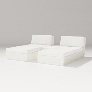 Elevate 5 Pc Recycled Plastic Double Chaise Lounge Seating Set in Vintage White /Natural Linen By PW Designer Series