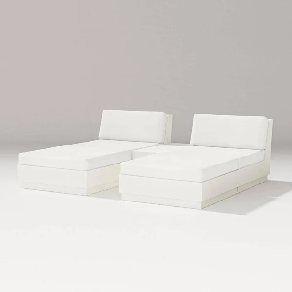 Elevate 5 Pc Recycled Plastic Double Chaise Lounge Seating Set in Vintage White /Natural Linen By PW Designer Series