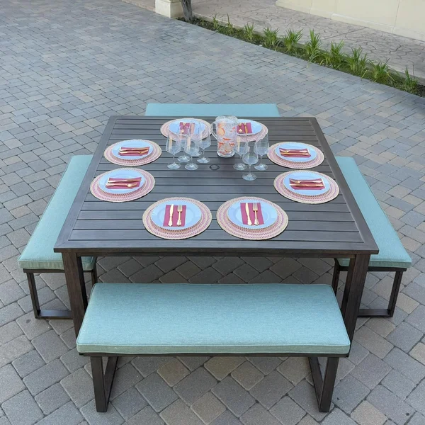 Atlantis 5 Pc Aluminum Dining Set w/ 4 Two Person Benches in Walnut/Spa by Darlee