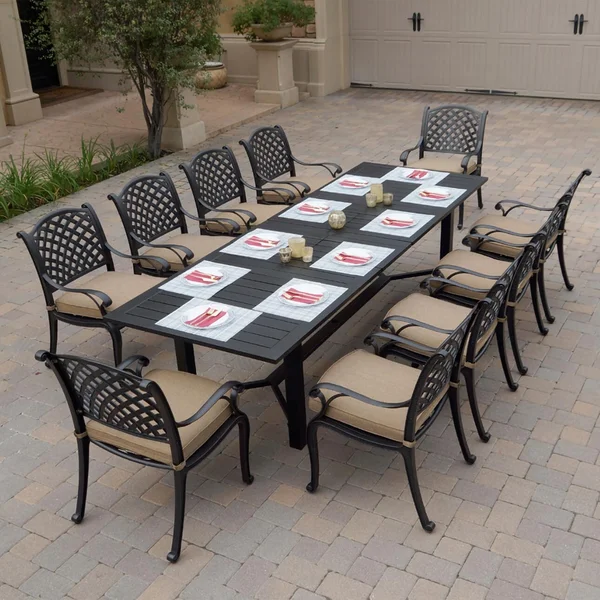 Nassau 11 Pc Cast Aluminum Dining Set in Antique Bronze w/ Sesame Cushions By Darlee