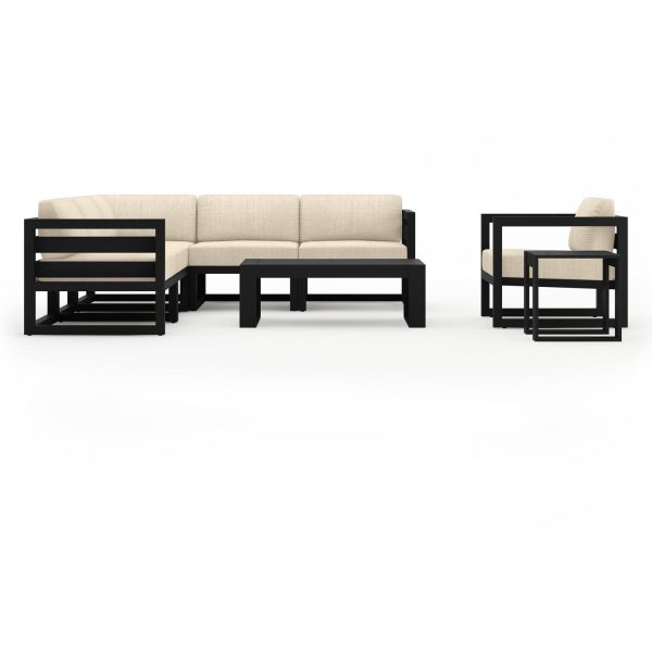Misty Cove 8 Pc Aluminum Seating Set w/ Sectional in Black/Canvas Flax by Lakeview Outdoor Designs