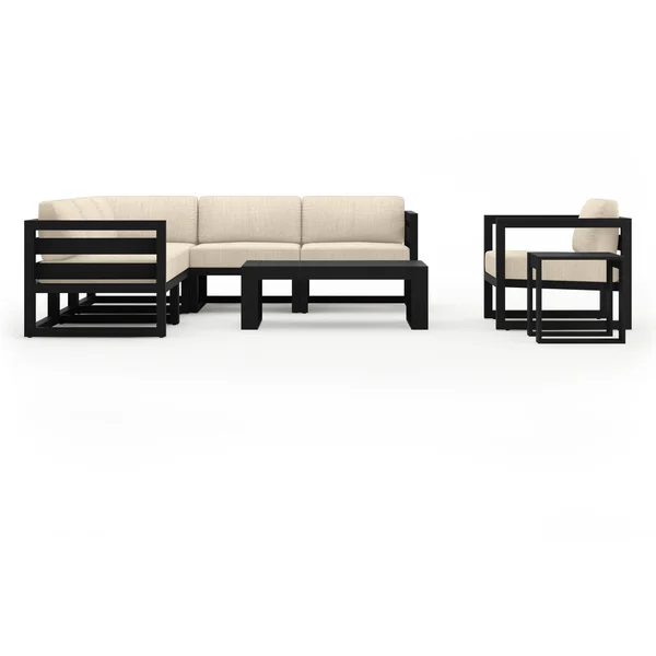 Misty Cove 8 Pc Aluminum Seating Set w/ Sectional in Black/Canvas Flax by Lakeview Outdoor Designs