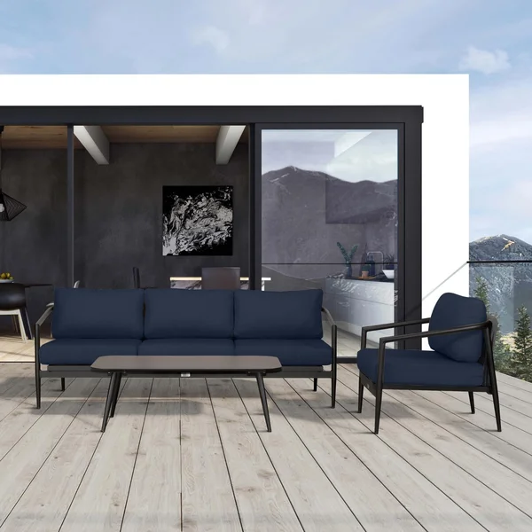 Midnight Cove 3 Pc Aluminum Seating Set in Black/Spectrum Indigo by Lakeview Outdoor Designs