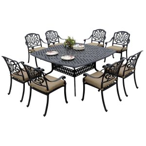 Elisabeth 9 Pc Cast Aluminum Dining Set w/ 64 Inch Series 30 Table in Antique Bronze/Sesame by Darlee