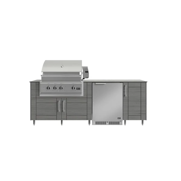 WeatherStrong Bimini 7 1/2 Ft Outdoor Kitchen Island w/ DCS Propane Grill & Refrigerator in Dark Ash/Glacier Frost