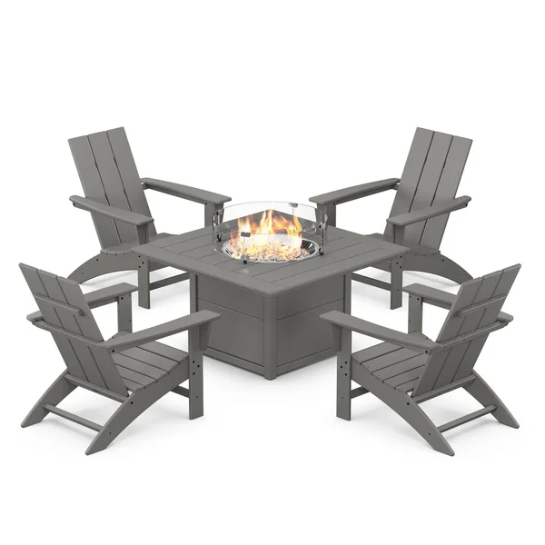 Modern Adirondack 5 Pc Recycled Plastic Fire Pit Seating Set in Slate Gray by POLYWOOD