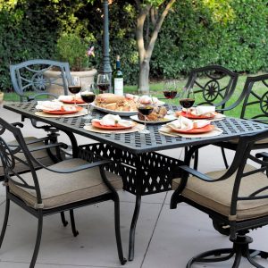 Ten Star 7 Pc Cast Aluminum Dining Set w/ 72 X 42 Inch Series 30 Table & 2 Swivel Rockers in Antique Bronze/Sesame by Darlee