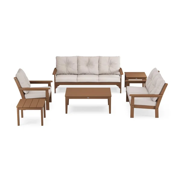Vineyard 6 Pc Recycled Plastic Seating Set in Teak/Dune Burlap by POLYWOOD