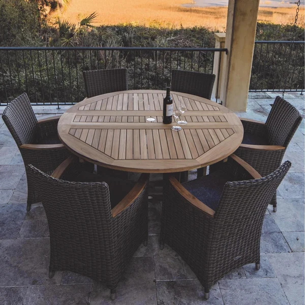 Helena 7 Piece Wicker Patio Dining Set W/ 60 Inch Round Drop Leaf Table By Royal Teak Collection - Gray Wicker