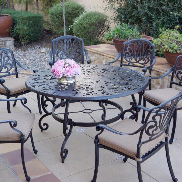 Elisabeth 7 Pc Cast Aluminum Dining Set w/ 53 Inch Round Table in Antique Bronze/Sesame by Darlee