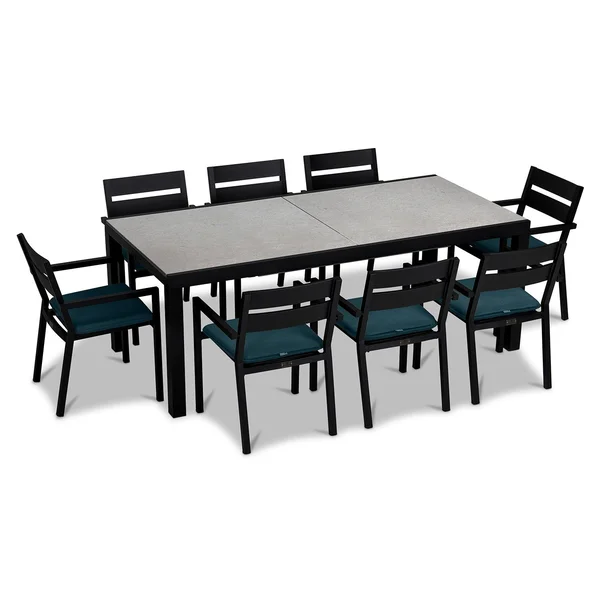 Calm Bay 9 Pc Extendable Aluminum Dining Set in Black/Concrete/Cast Lagoon by Lakeview Outdoor Designs