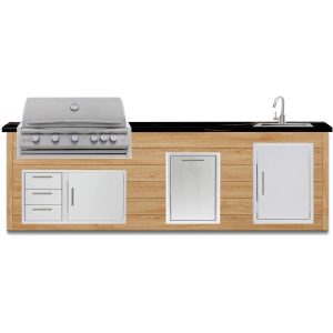 BBQGuys Signature 10 Ft Outdoor Kitchen Island w/ 40 Inch Natural Gas Blaze LTE+ Grill , Sink & Double Trash Bin | Sun Bleached Oak w/ Titanium Granite