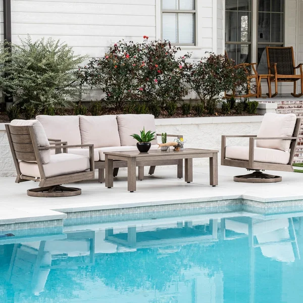 Laguna 4 Pc Aluminum Seating Set w/ Swivel Rockers in Driftwood/Canvas Flax by Sunset West