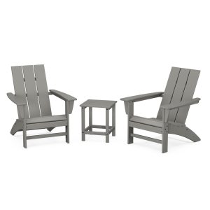 Modern Adirondack 3 Pc Recycled Plastic Seating Set w/ Long Island End Table in Slate Gray by POLYWOOD