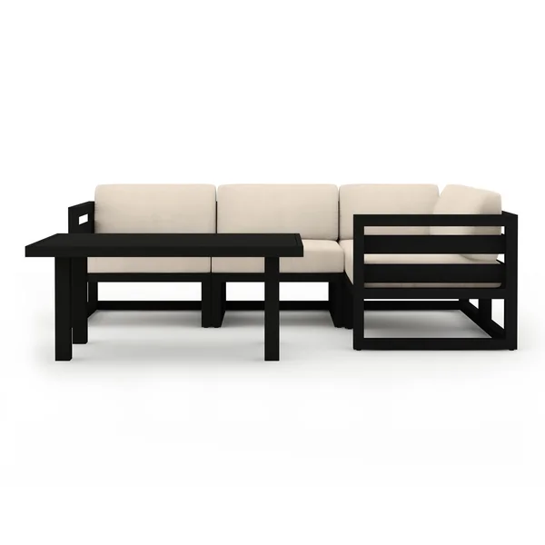 Misty Cove 5 Pc Aluminum Seating Set w/ Sectional & Classic Chat Table in Black/Canvas Flax by Lakeview Outdoor Designs