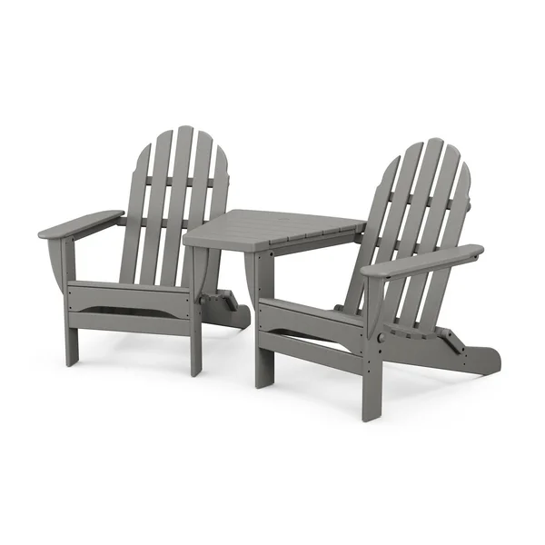 Classic Adirondack 3 Pc Recycled Plastic Folding Seating Set w/ Connecting Table in Slate Gray by POLYWOOD