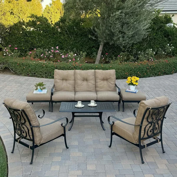 Santa Anita 6 Pc Cast Aluminum Sofa Seating Set w/ Series 88 Tables & Club Chairs Chair in Antique Bronze/Linen Sesame by Darlee