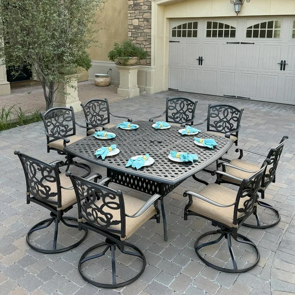 Santa Monica 9 Pc Cast Aluminum Swivel Rocker Dining Set in Antique Bronze By Darlee