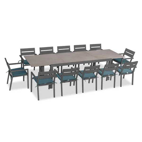 Calm Bay 13 Pc Extendable Aluminum Dining Set in Slate/Barnwood/Cast Lagoon by Lakeview Outdoor Designs