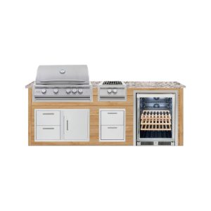 BBQGuys Signature 8 Ft Outdoor Kitchen Island w/ 32 Inch Propane Blaze LTE+ Grill Power Burner & Beverage Center | Sun Bleached Oak w/ White Granite