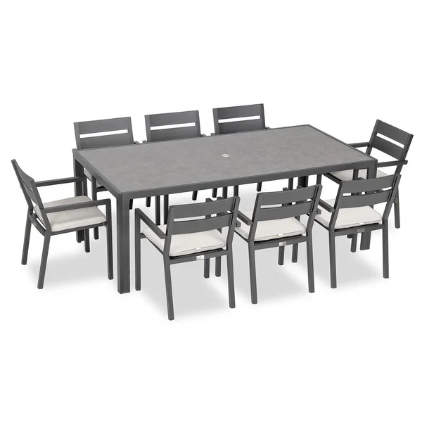 Calm Bay 9 Pc Rectangular Aluminum Dining Set in Slate/Canvas Natural by Lakeview Outdoor Designs