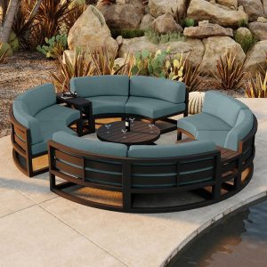 Misty Cove 7 Pc Aluminum Seating Set - Curved Sectional in Black/Cast Lagoon by Lakeview Outdoor Designs