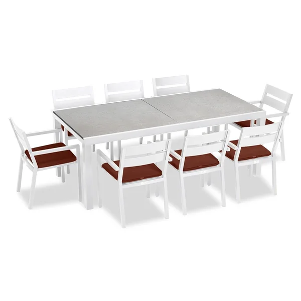 Calm Bay 9 Pc Extendable Aluminum Dining Set in White/Concrete/Canvas Henna by Lakeview Outdoor Designs