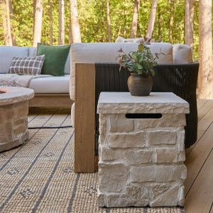 Heritage 20 Inch Square Stone Propane Tank Cover & Side Table in Beige by Lakeview Outdoor Designs
