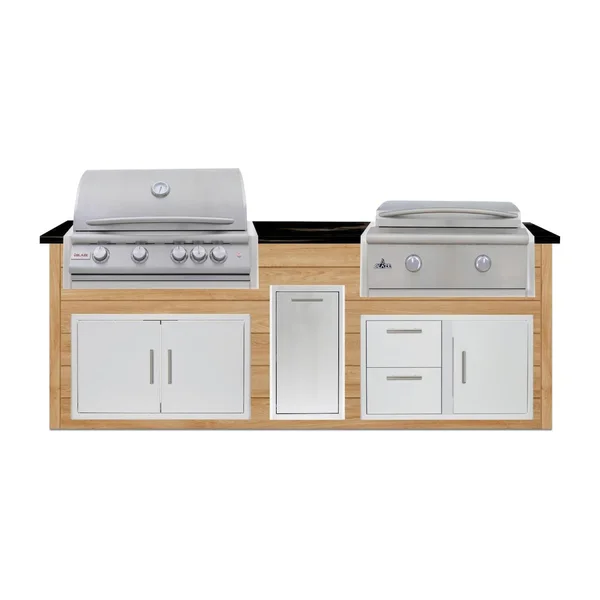 BBQGuys Signature 8 Ft Outdoor Kitchen Island w/ 32 Inch Propane Blaze LTE+ Grill & Griddle & Narrow Trash Bin | Sun Bleached Oak w/ Titanium Granite