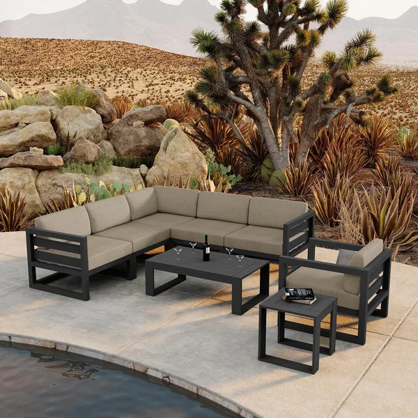 Misty Cove 8 Pc Aluminum Seating Set w/ Sectional in Slate/Heather Beige by Lakeview Outdoor Designs
