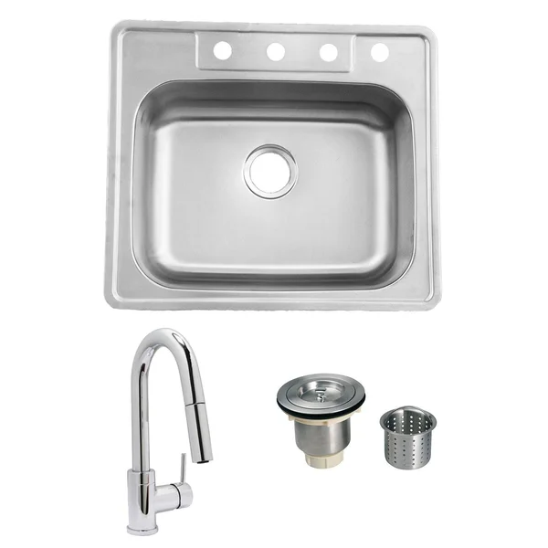 ADA Compliant 25 X 22 Stainless Steel Outdoor Sink with Huntington Brass Dual Spray European Style Pull Down Faucet and Strainer Basket