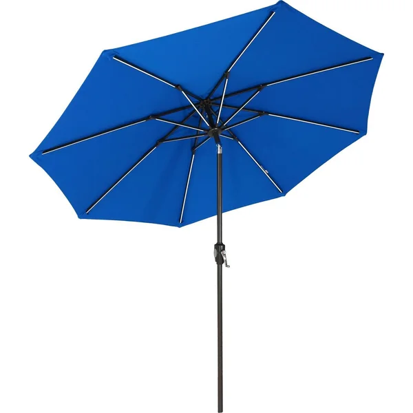 Ultimate Patio 9 Ft. Solar Lighted Octagonal Aluminum Patio Market Umbrella W/ Crank & Tilt - Black Frame & Pacific Blue Sunbrella Canopy