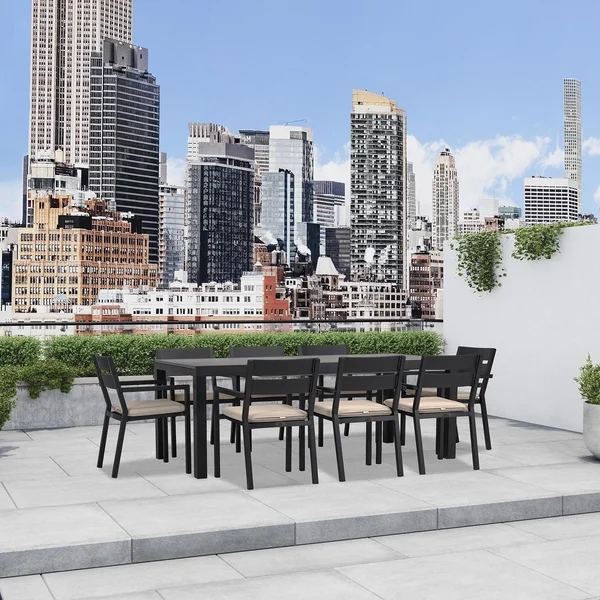 Calm Bay 9 Pc Extendable Aluminum Dining Set in Black/Concrete/Canvas Flax by Lakeview Outdoor Designs