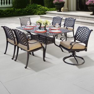 Nassau 7 Pc Cast Aluminum Dining Set w/ 72 X 42 Inch Series 30 Table & 2 Swivel Rockers in Antique Bronze/Sesame by Darlee