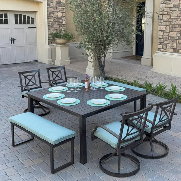 Atlantis 7 Pc Aluminum Dining Set w/ 4 Swivel Rocker Dining Arm Chairs & 2 Two Person Benches in Walnut/Spa by Darlee