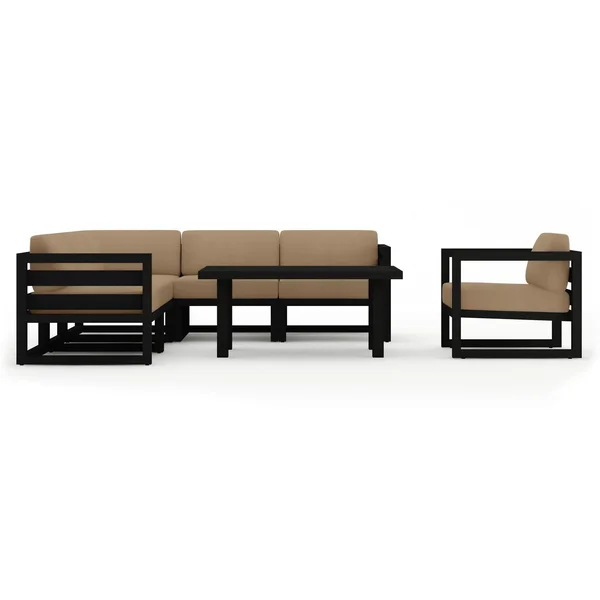Misty Cove 7 Pc Aluminum Seating Set w/ Sectional & Classic Chat Table in Black/Heather Beige by Lakeview Outdoor Designs