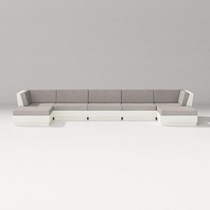 Elevate 7 Pc Recycled Plastic Double Chaise Seating Set in Vintage White/Weathered Tweed By PW Designer Series