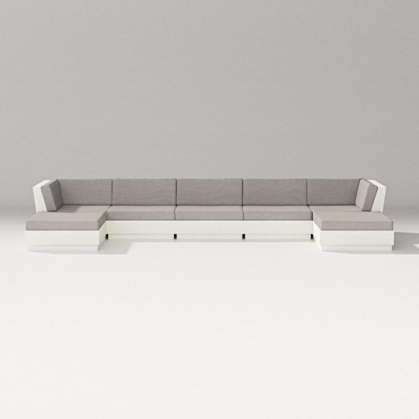 Elevate 7 Pc Recycled Plastic Double Chaise Seating Set in Vintage White/Weathered Tweed By PW Designer Series