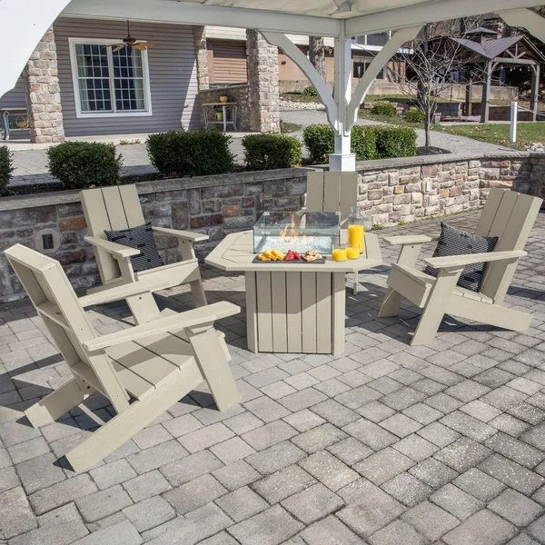 Harborview 5 Pc Recycled Plastic Adirondack Seating Set w/ Fire Pit Table in Whitewash by Lakeview Outdoor Designs