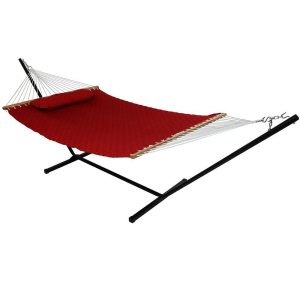 Ultimate Patio Quilted Double Hammock w/ Stand & Pillow - Red