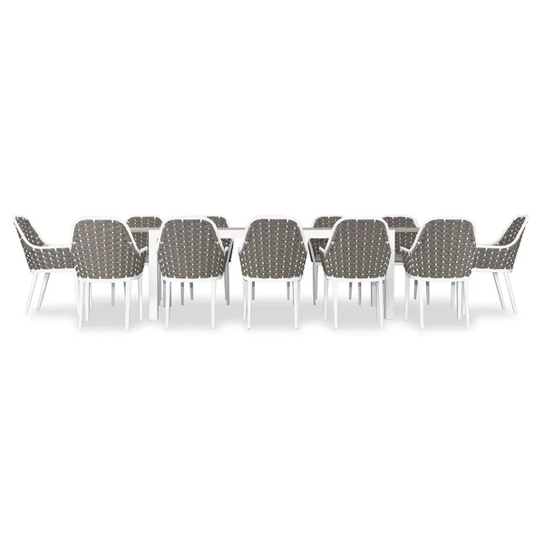 Chloe Bay 13 Pc Aluminum Extendable Dining Set in White/Barnwood by Lakeview Outdoor Designs